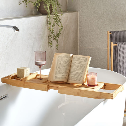 Bamboo Bathtub Tray Extendable Book Holder Bath Caddy Light Brown Elegant Spa Essentials