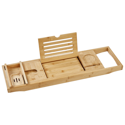 Bamboo Bathtub Tray Extendable Book Holder Bath Caddy Light Brown Elegant Spa Essentials
