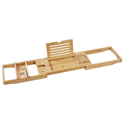 Bamboo Bathtub Tray Extendable Book Holder Bath Caddy Light Brown Elegant Spa Essentials