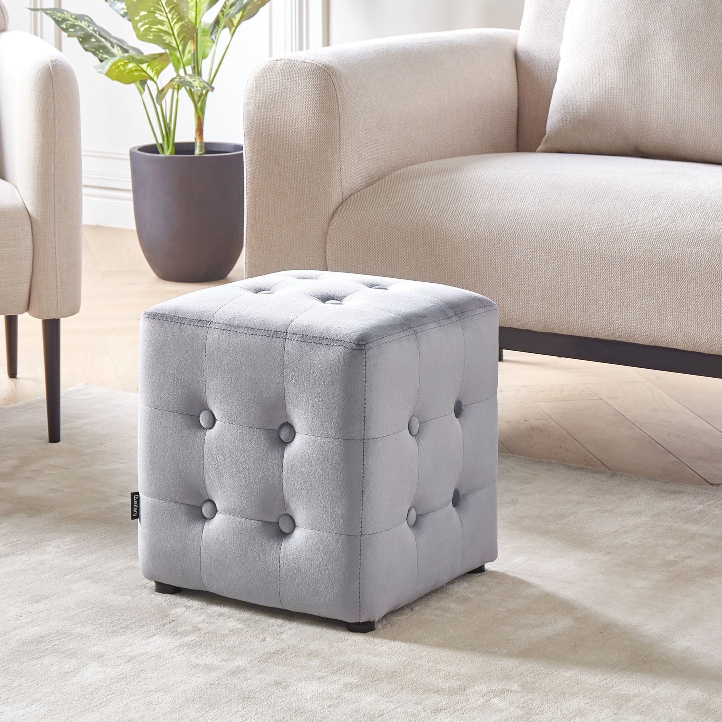 Grey Velvet Footstool Cube Pouffe With Button Tufted Upholstery For Living Room