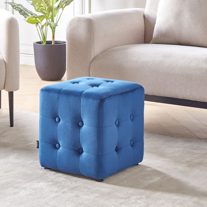 Footstool Blue Velvet Cube Pouffe Button Tufted Upholstery Versatile Side Table