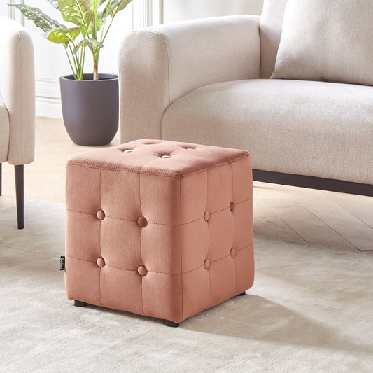 Home Peach Pink Velvet Footstool Cube Pouffe Button Tufted Upholstery Compact Multiuse Ottoman