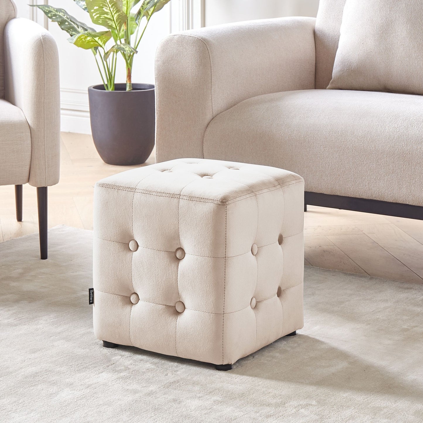 Footstool Velvet Cube Pouffe Light Beige Button Tufted