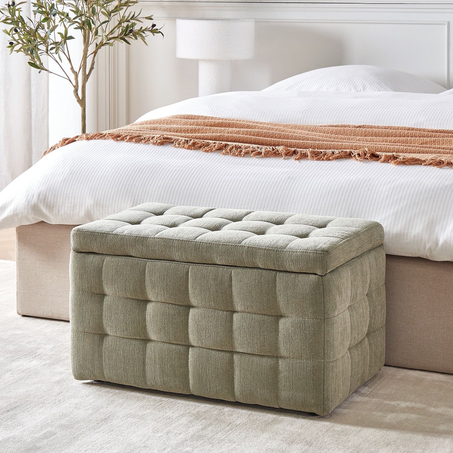 Olive Loom Ottoman Olive Green Fabric Tufted Storage Bench With Hinged Lid And Premium Upholstery