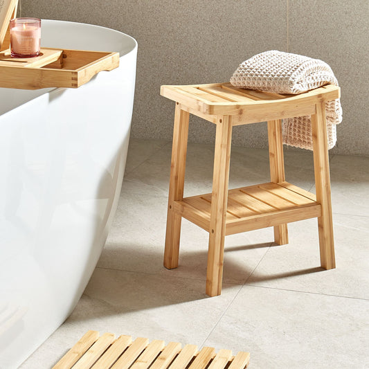 Side Table Light Brown Bamboo With Built In Shelf