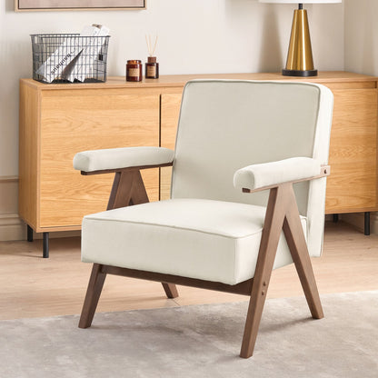 Armchair Light Beige Retro Wood Frame Pillow Top Armrests