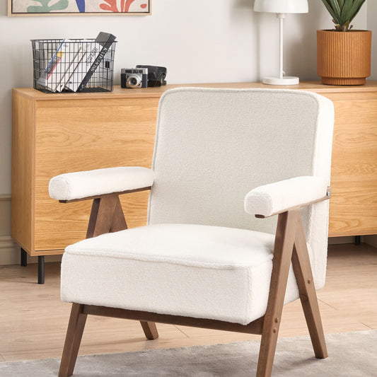 Armchair White Boucle Upholstery With Wooden Frame And Pillow Armrests Retro Design For Living Room