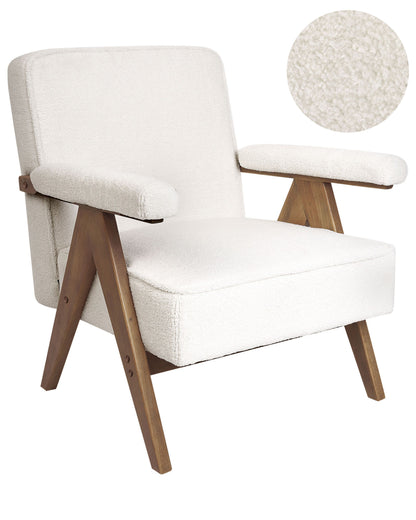 Armchair White Boucle Upholstery With Wooden Frame And Pillow Armrests Retro Design For Living Room
