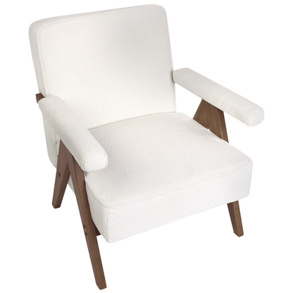 Armchair White Boucle Upholstery With Wooden Frame And Pillow Armrests Retro Design For Living Room