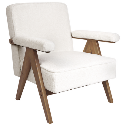 Armchair White Boucle Upholstery With Wooden Frame And Pillow Armrests Retro Design For Living Room