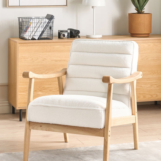 Armchair White Boucle Upholstery Retro Wooden Frame With Armrests Living Room