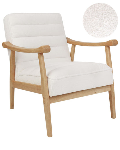 Armchair White Boucle Upholstery Retro Wooden Frame With Armrests Living Room
