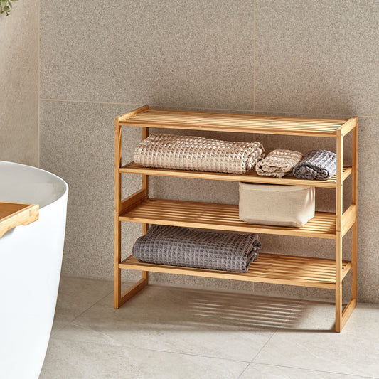 Light Brown Bamboo 4-Tier Stackable Bathroom Storage Shelf Organizer Unit