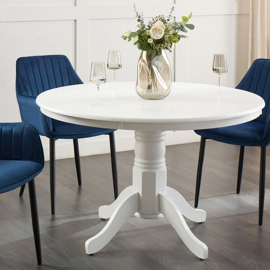 White Rubberwood Round Dining Table 120cm Diameter Vintage Pedestal With Four Curved Legs