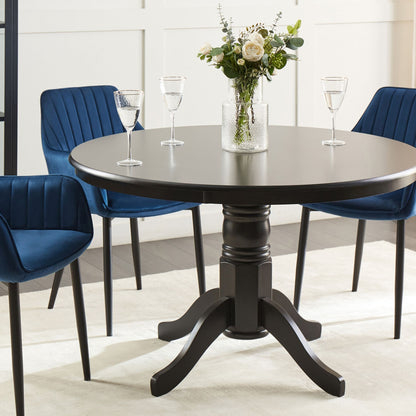 Vintage Black Rubberwood Round Dining Table 120cm Pedestal With Four Curved Legs