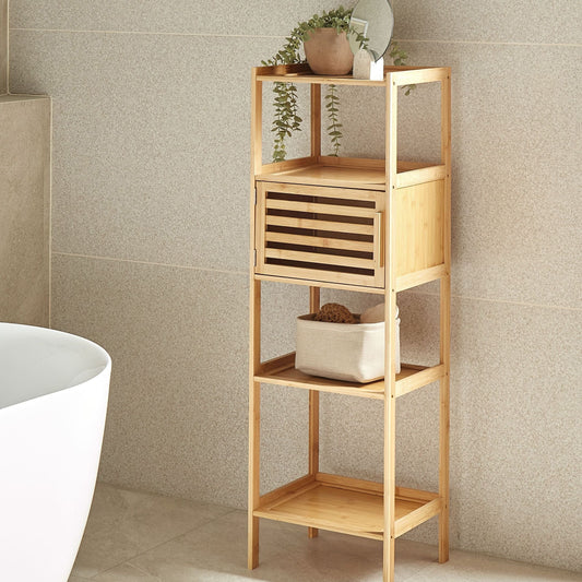 Bamboo Bathroom Shelf Unit 4 Shelf 1 Door Light Brown