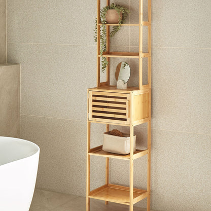 Bamboo Light Brown 6 Shelves Bathroom Shelving Unit Door