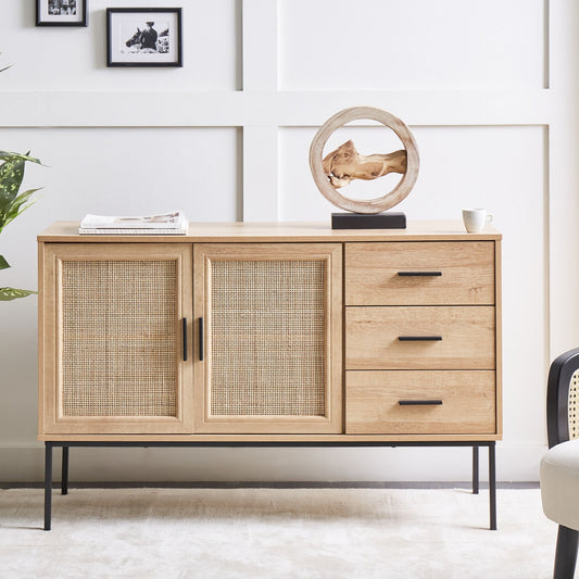 2 Door Sideboard With 3 Drawers In Light Wood Black Frame
