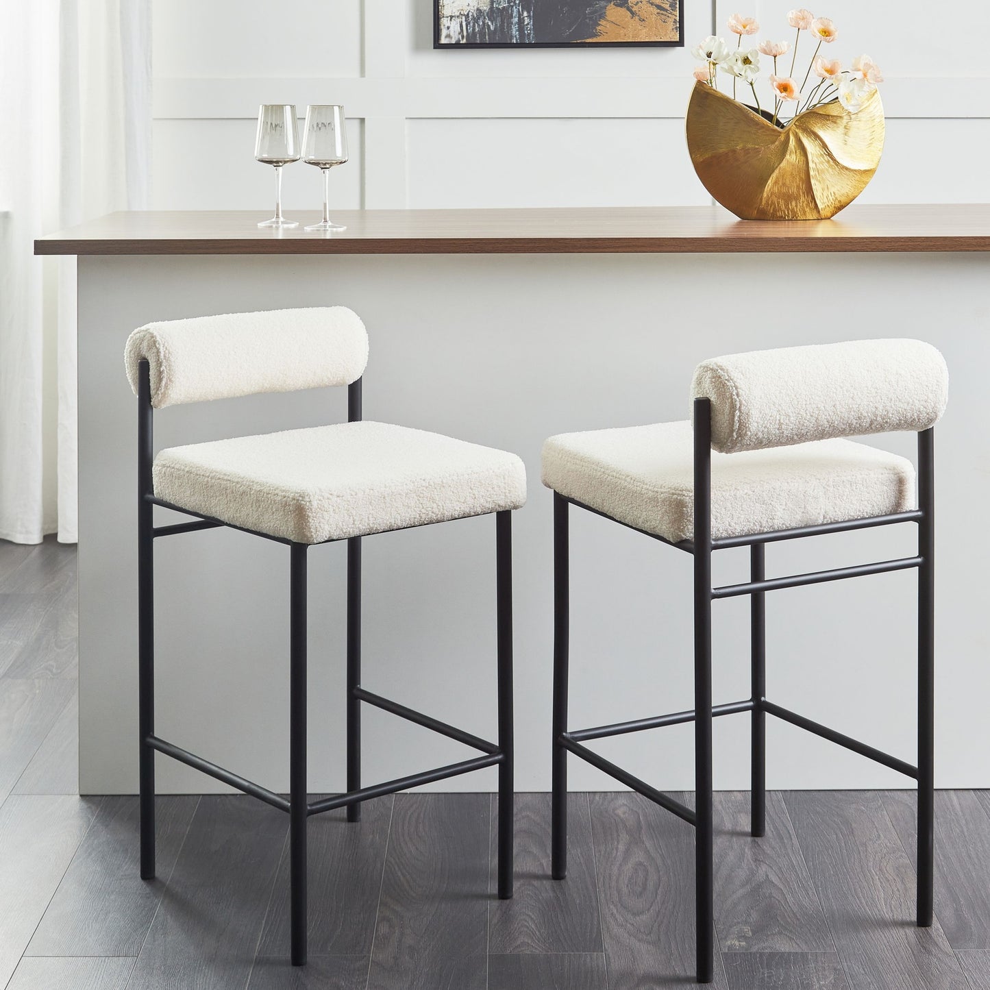 Bar Chair Set Of 2 White Boucle Upholstery Armless Black Metal Legs