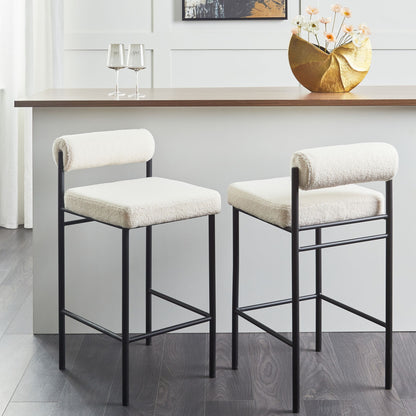 Bar Chair Set Of 2 White Boucle Upholstery Armless Black Metal Legs