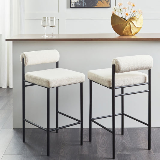 Bar Chair Set Of 2 White Boucle Upholstery Armless Black Metal Legs