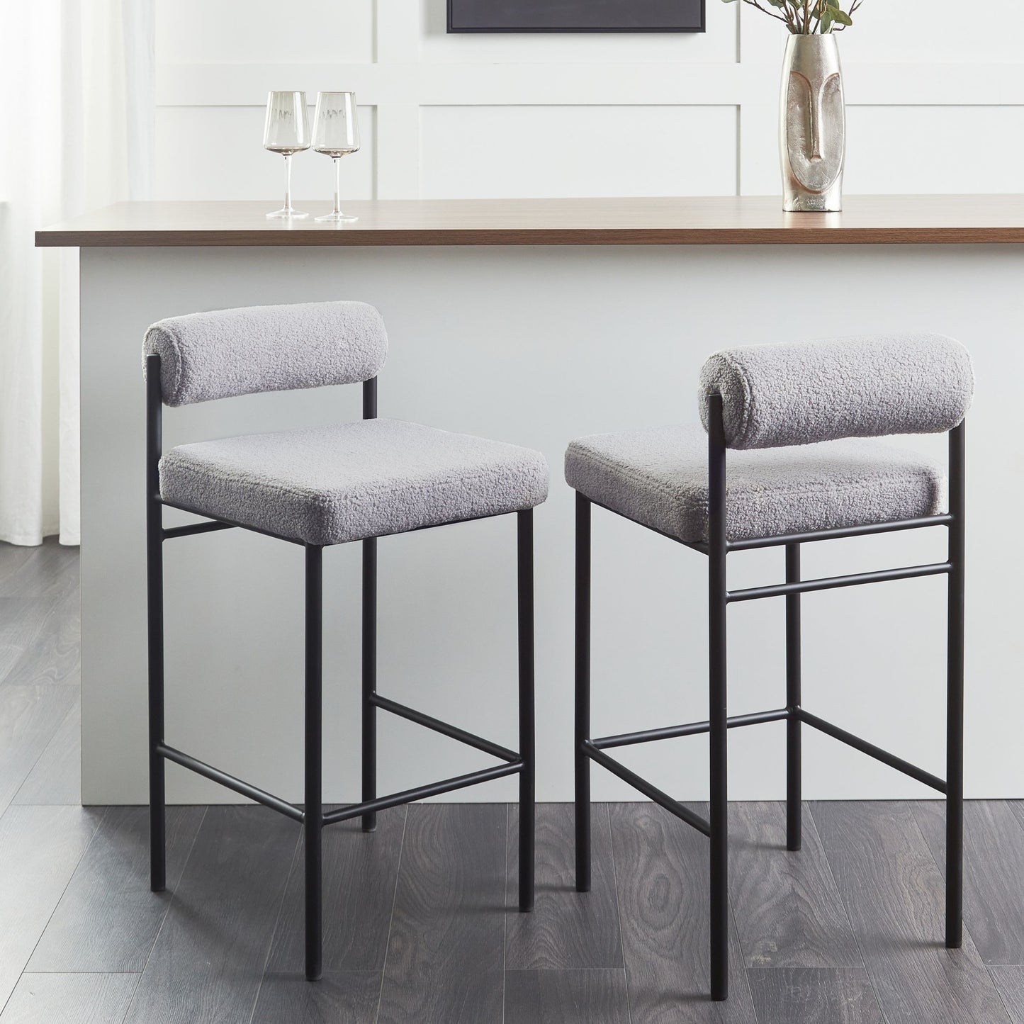 Set Of 2 Grey Boucle Bar Chairs With Black Metal Legs And Roll Backrest