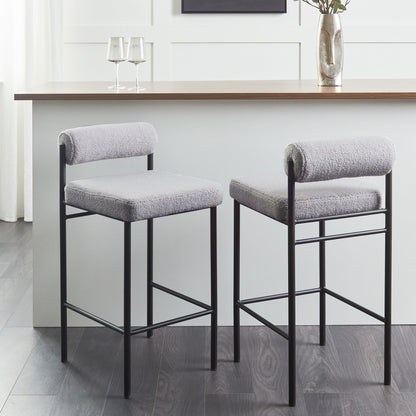 Set Of 2 Grey Boucle Bar Chairs With Black Metal Legs And Roll Backrest