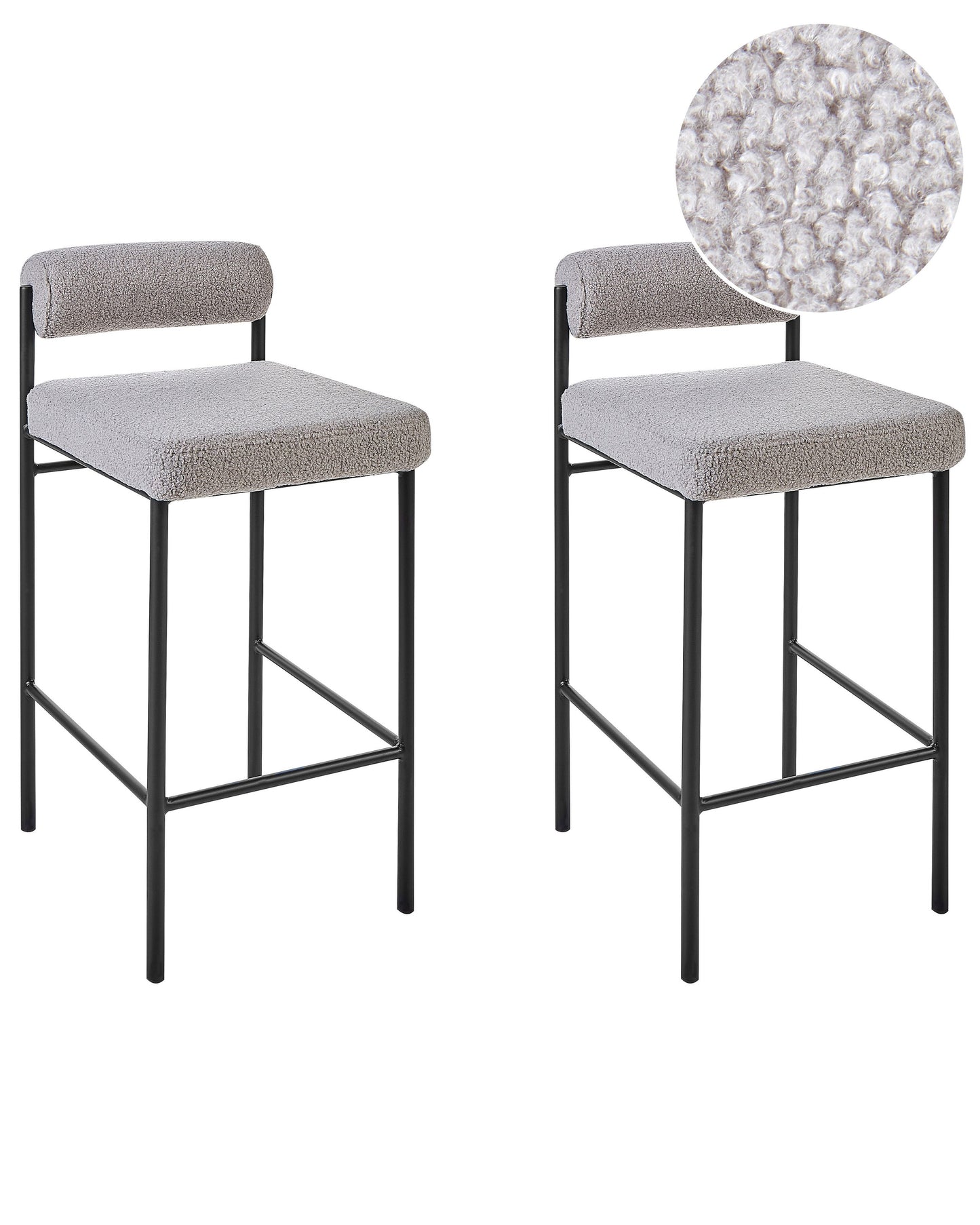 Set Of 2 Grey Boucle Bar Chairs With Black Metal Legs And Roll Backrest