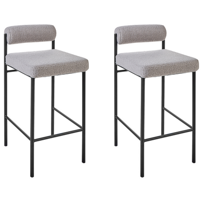 Set Of 2 Grey Boucle Bar Chairs With Black Metal Legs And Roll Backrest