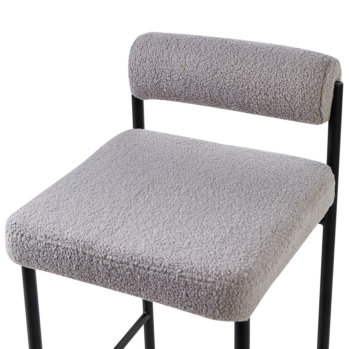 Set Of 2 Grey Boucle Bar Chairs With Black Metal Legs And Roll Backrest