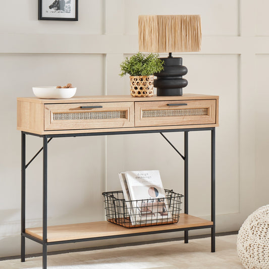 Rattan Console Table Brown 100 x 29cm With Shelf And Drawers