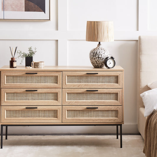 Rattan Chest Of Drawers Six Drawer Cabinet In Light Wood With Black Frame And Metal Legs