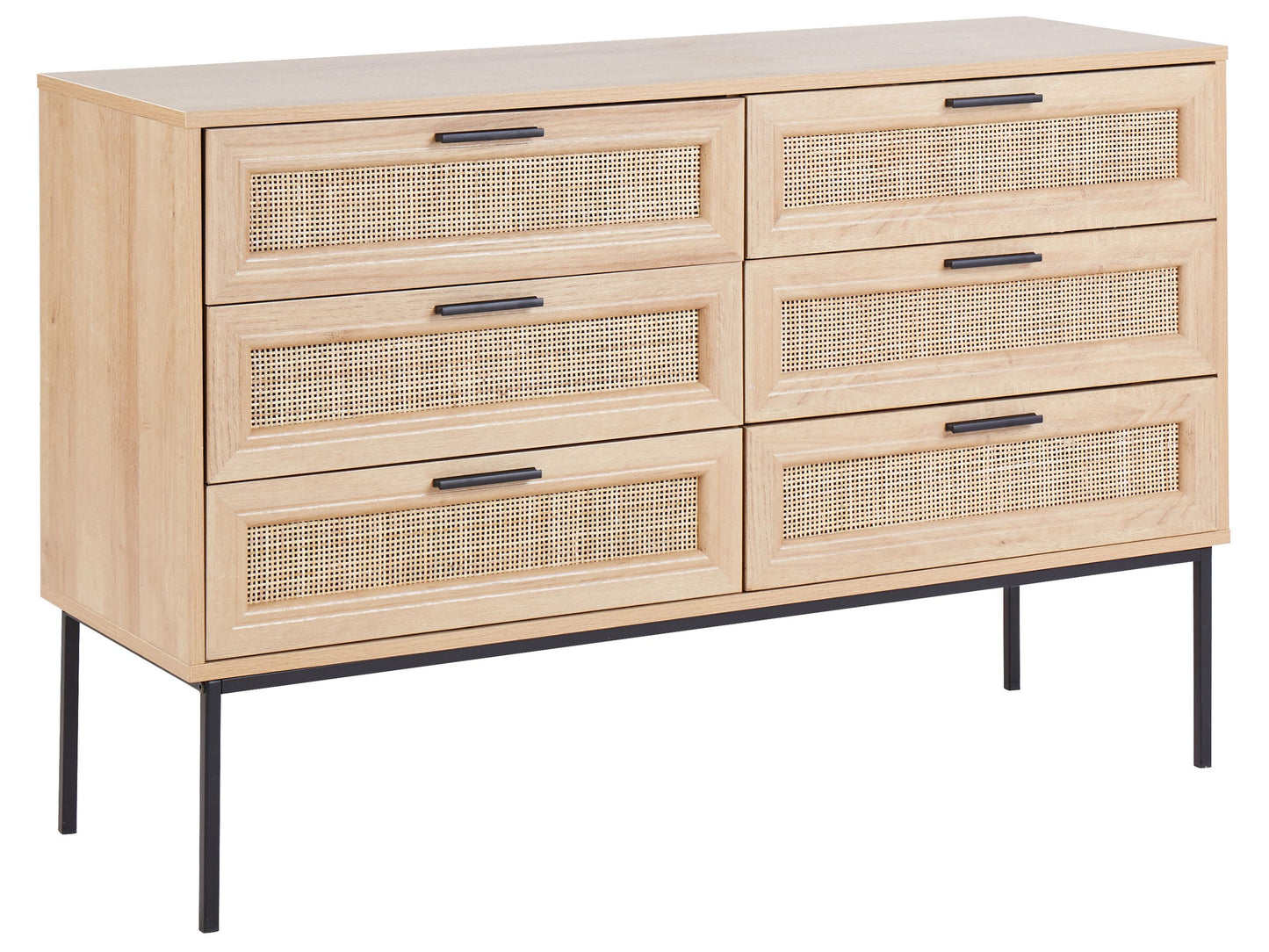 Rattan Chest Of Drawers Six Drawer Cabinet In Light Wood With Black Frame And Metal Legs