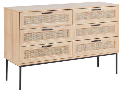 Rattan Chest Of Drawers Six Drawer Cabinet In Light Wood With Black Frame And Metal Legs