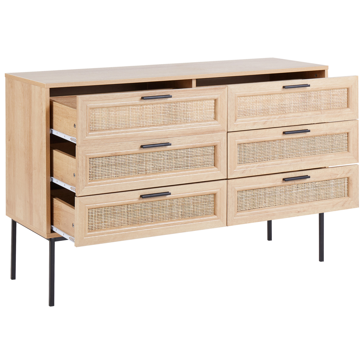 Rattan Chest Of Drawers Six Drawer Cabinet In Light Wood With Black Frame And Metal Legs