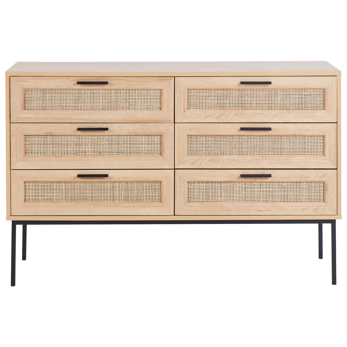Rattan Chest Of Drawers Six Drawer Cabinet In Light Wood With Black Frame And Metal Legs