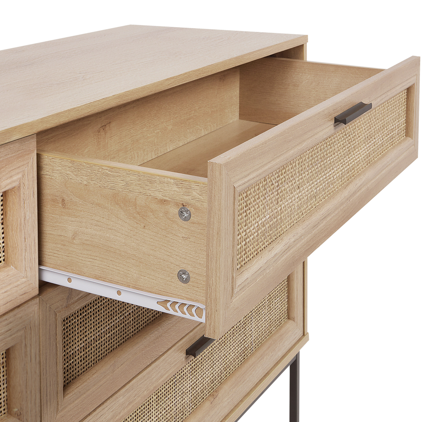 Rattan Chest Of Drawers Six Drawer Cabinet In Light Wood With Black Frame And Metal Legs