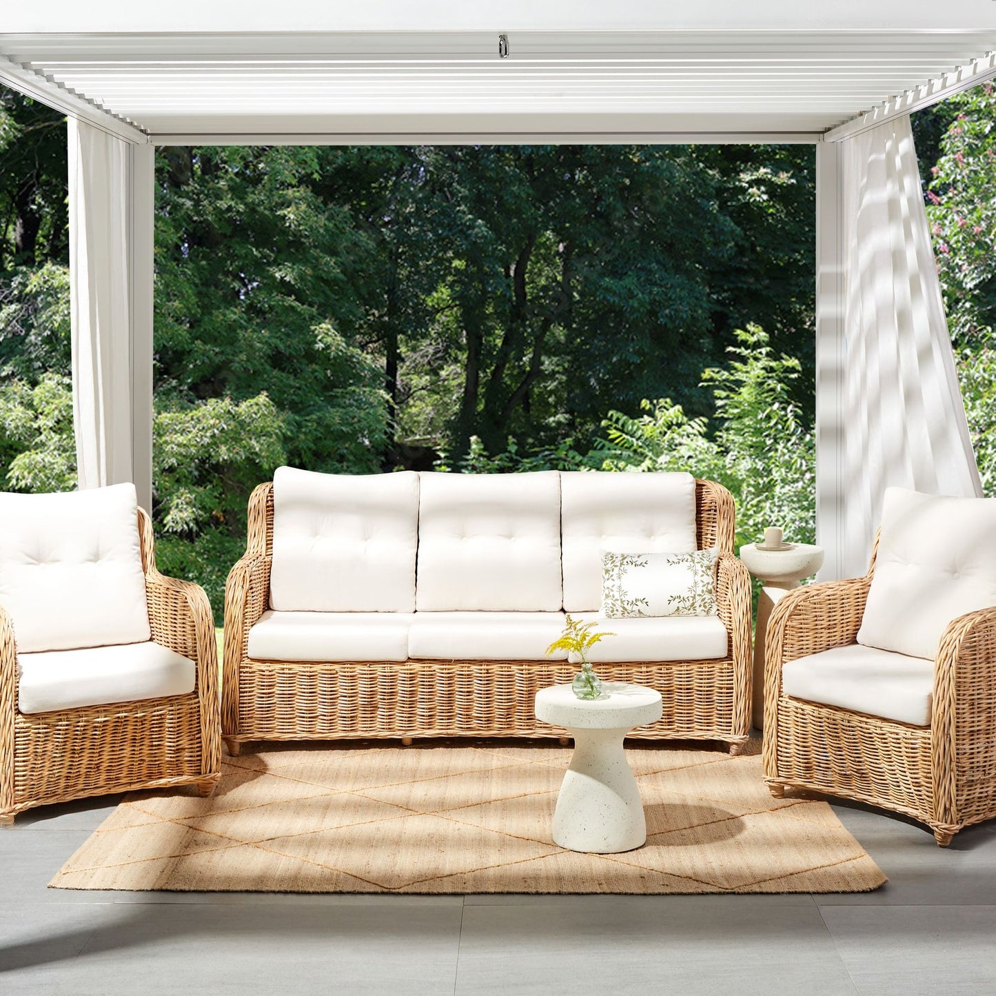 Garden Conversation Set Natural White Cushions 3 Seater