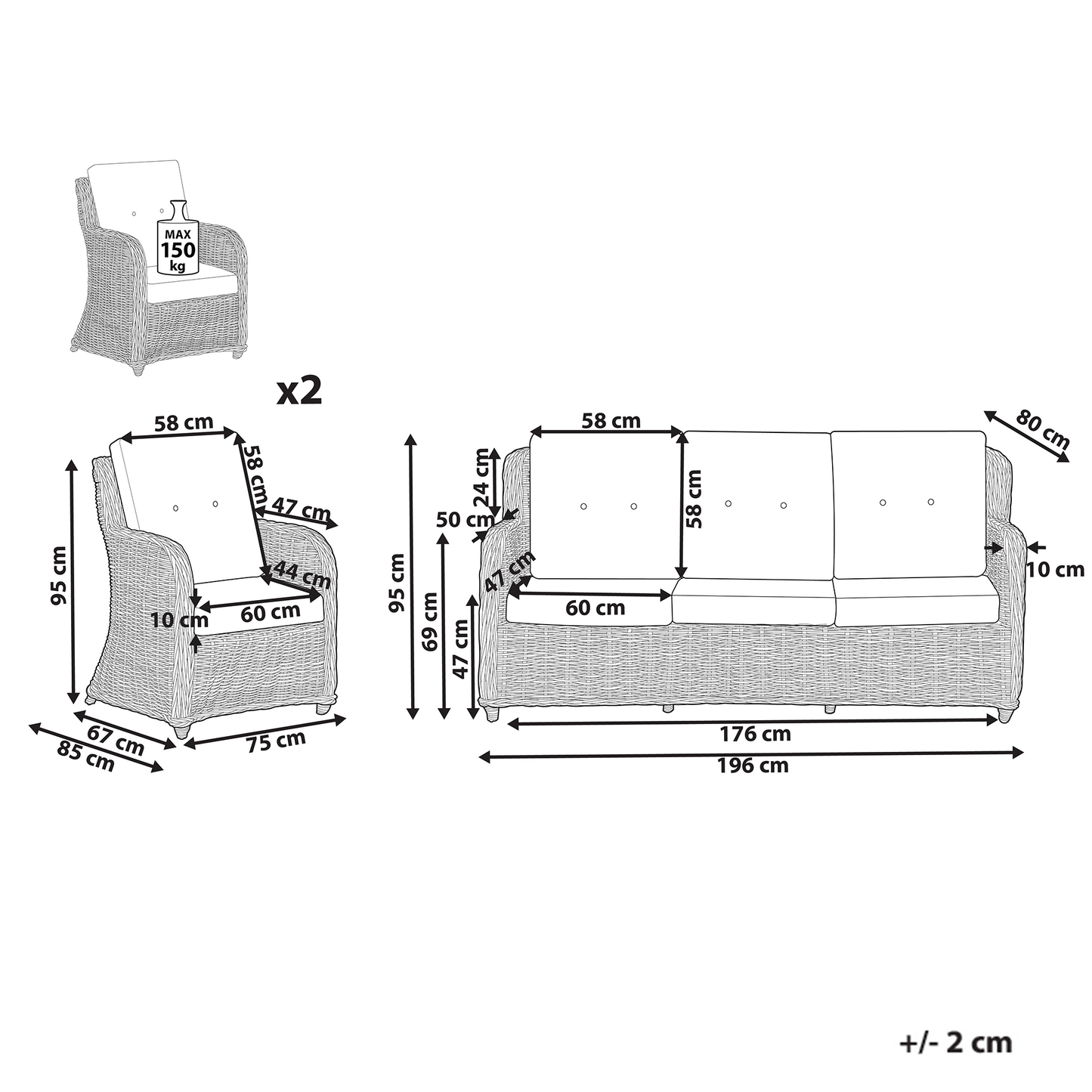 Garden Conversation Set Natural White Cushions 3 Seater