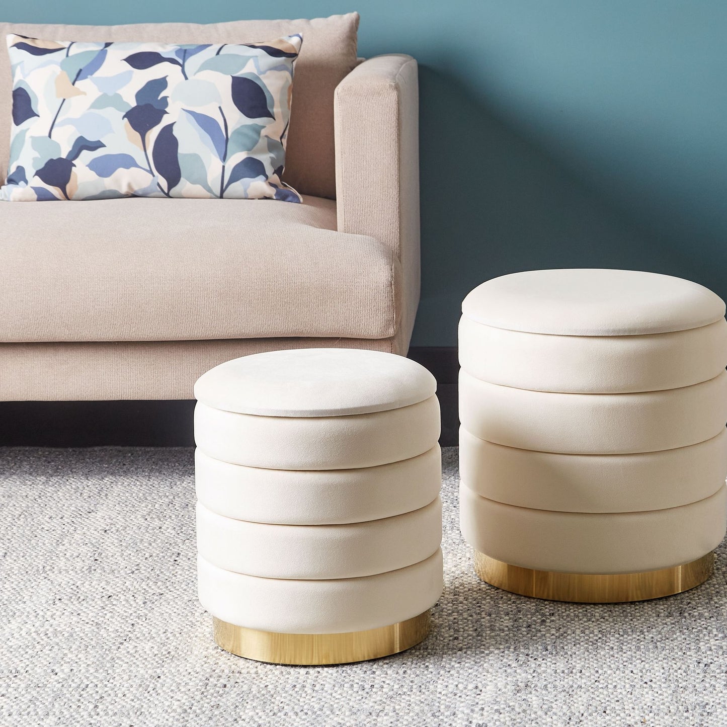 Storage Pouffes Set Of 2 Beige Velvet With Gold Base