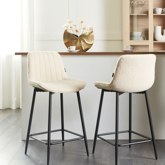 Set Of 2 Bar Chairs Light Beige Armless Boucle Black Steel Legs Modern Dining
