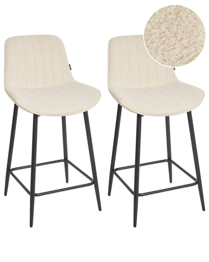 Set Of 2 Bar Chairs Light Beige Armless Boucle Black Steel Legs Modern Dining