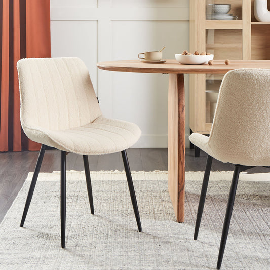 Armless Boucle Dining Chairs 2 Light Beige Black Steel Legs