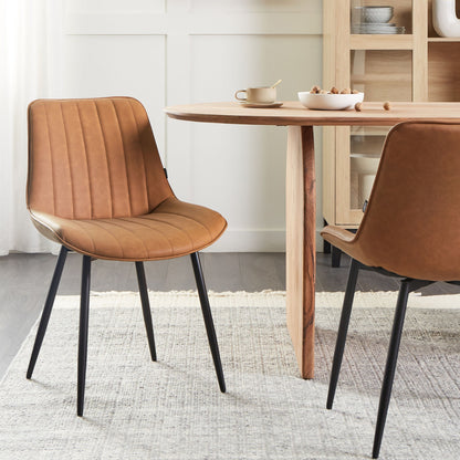 2 Brown Armless Faux Leather Chairs With Black Steel Legs