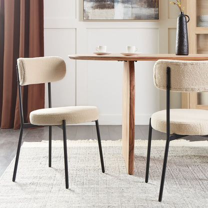 Dining Chairs Set of 2 Light Beige Boucle Black Steel Legs