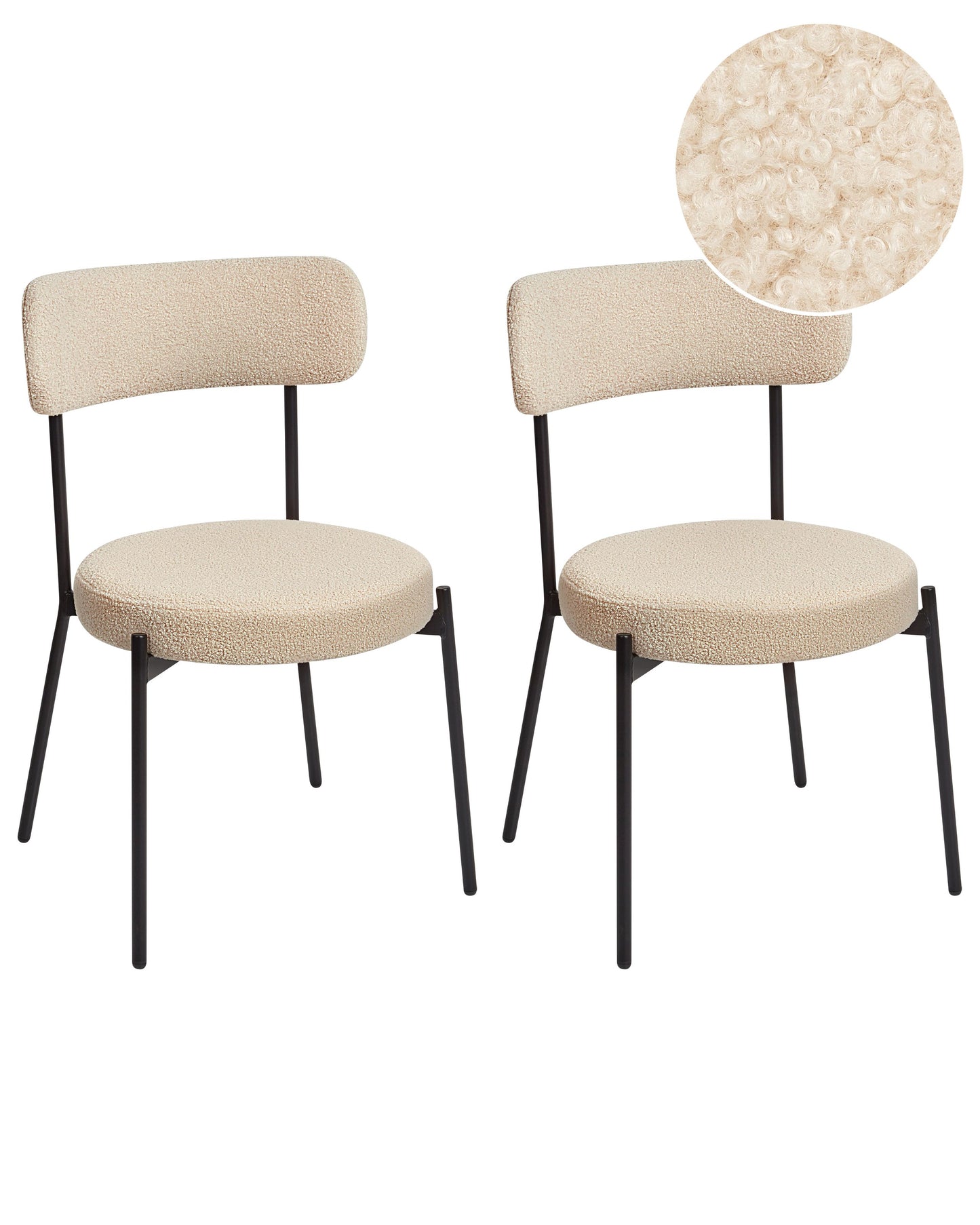 Dining Chairs Set of 2 Light Beige Boucle Black Steel Legs