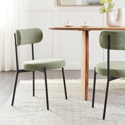 Light Green Boucl? Dining Chairs Set Of 2 Black Steel Legs
