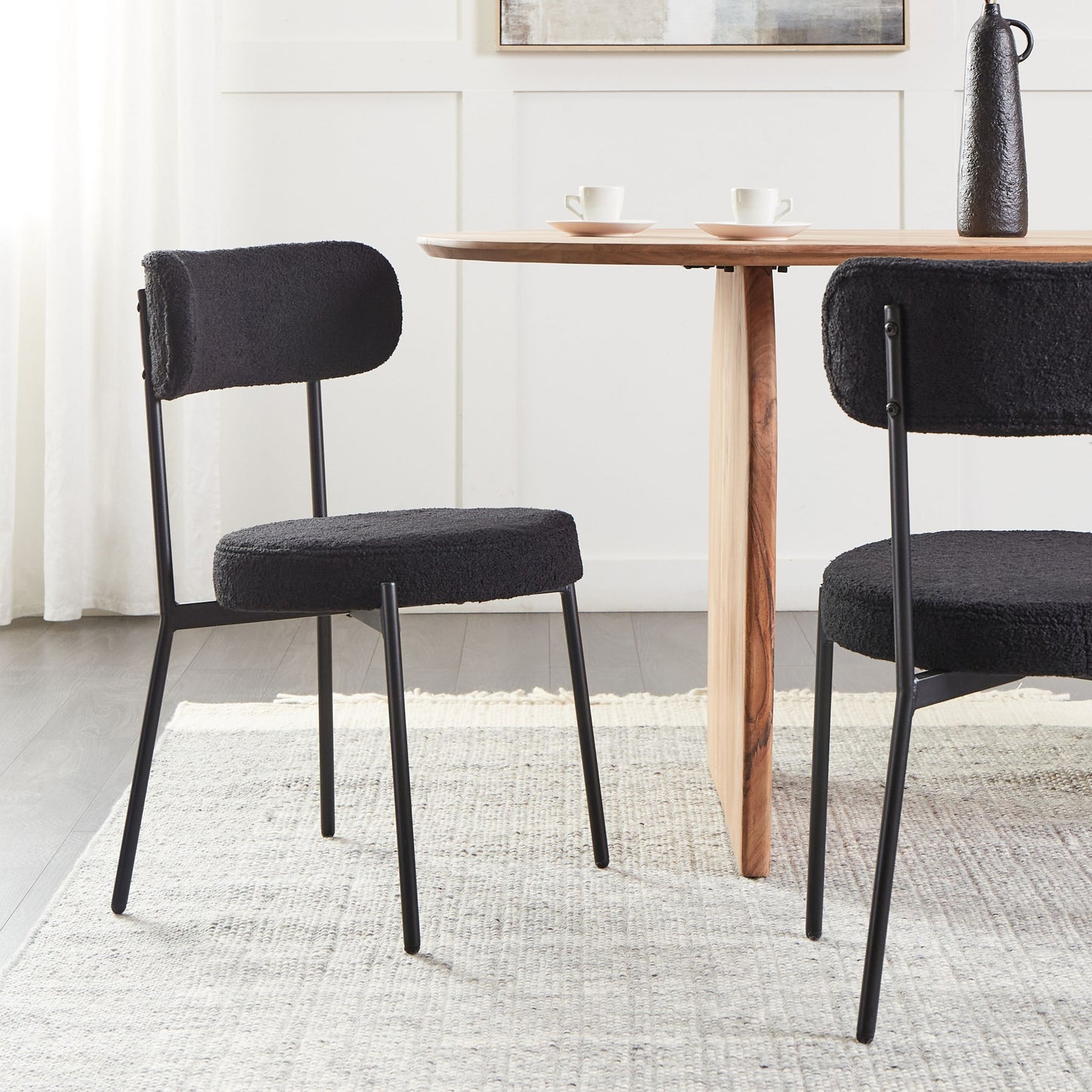 Black Boucle Dining Chairs Set of 2 With Steel Legs