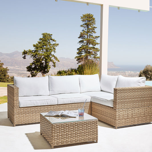 Corner Sofa Set Light Wood Rattan Off White Cushions Table