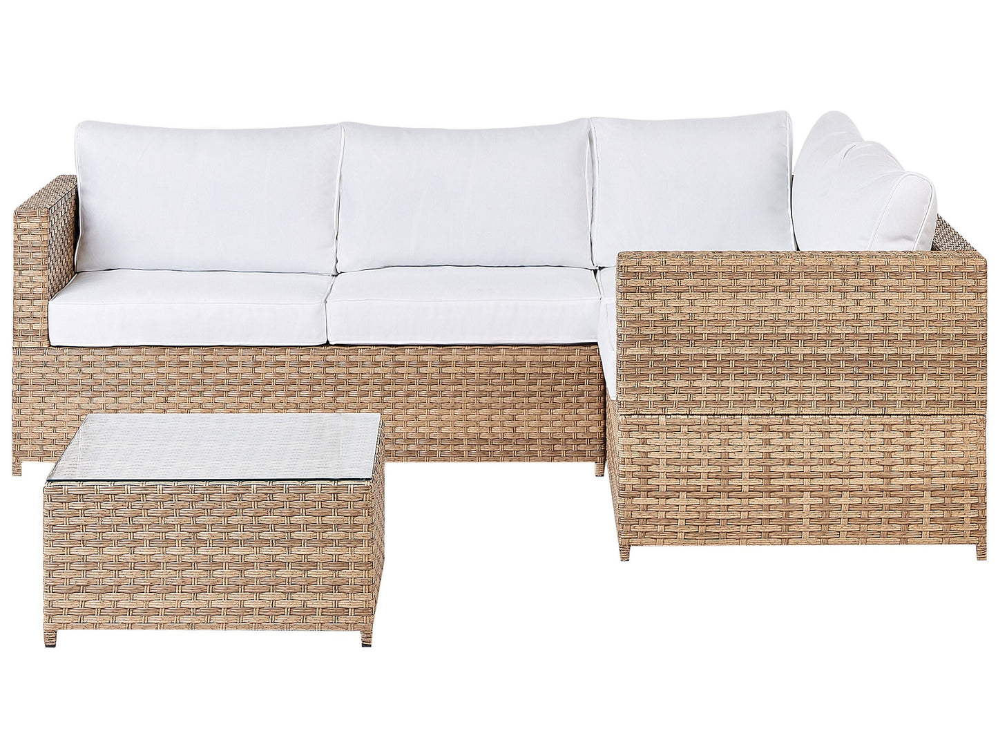 Corner Sofa Set Light Wood Rattan Off White Cushions Table